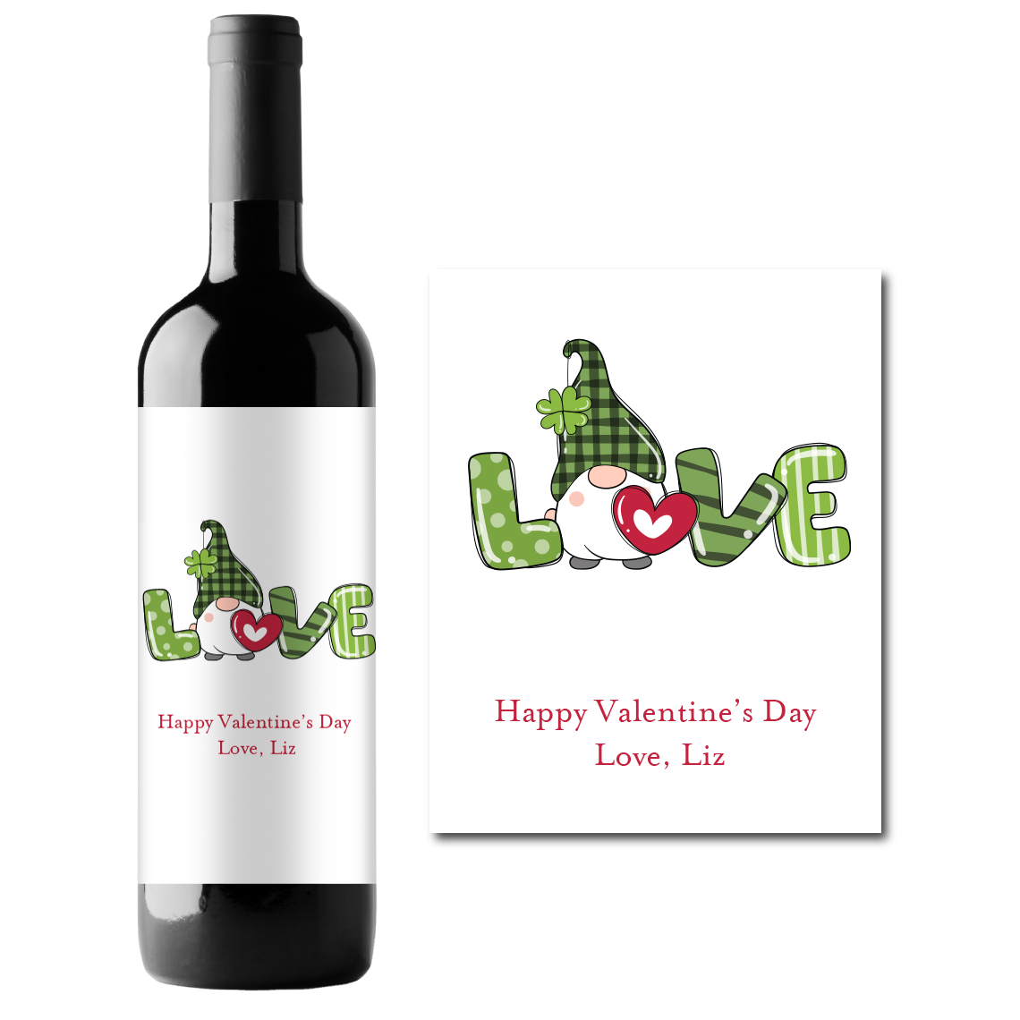 Love Gnome Valentine's Day Custom Personalized Wine Champagne Labels (set of 3)