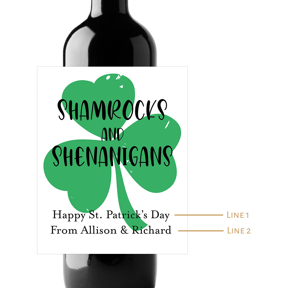 Shamrocks and Shenanigans Custom Personalized Wine Champagne Labels (set of 3)