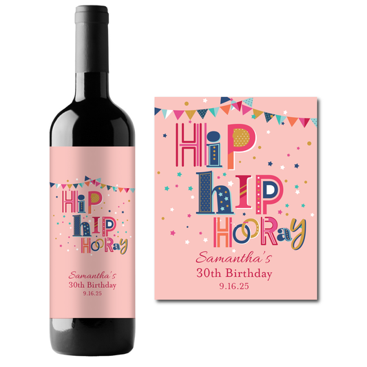 Hip Hip Hooray Birthday Custom Personalized Wine Champagne Labels (set of 3)