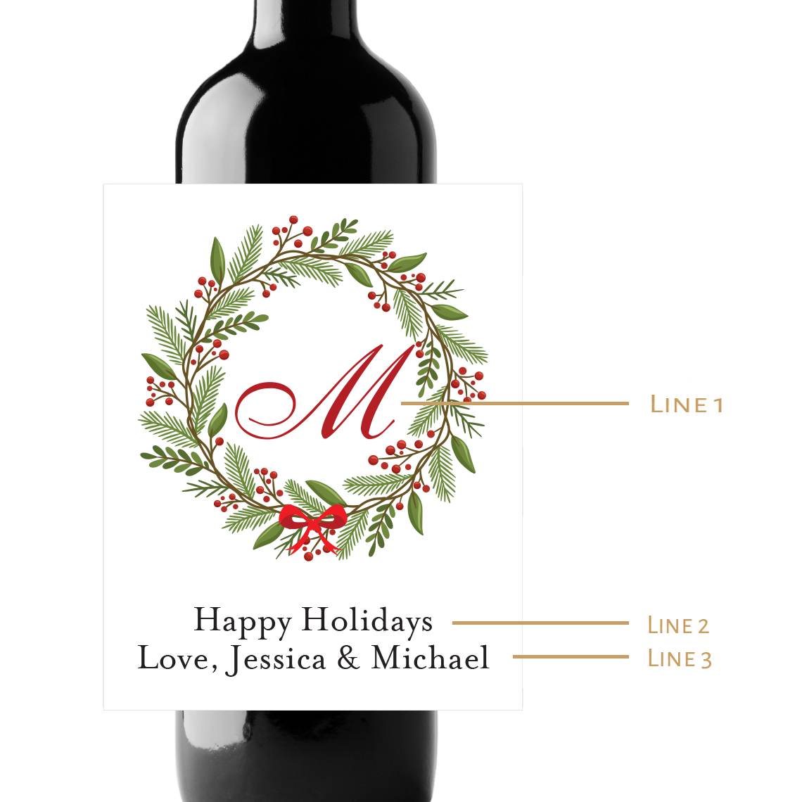 Initial Wreath Holidays Custom Personalized Wine Champagne Labels (set of 3)