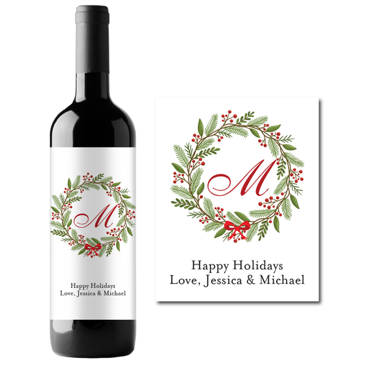 Initial Wreath Holidays Custom Personalized Wine Champagne Labels (set of 3)