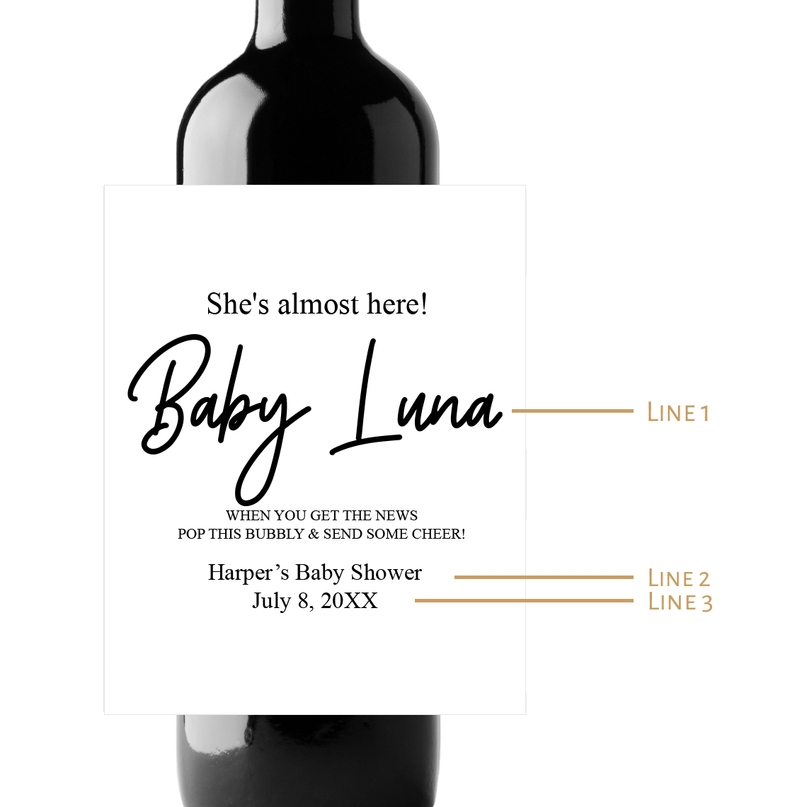 She's Almost Here! Custom Personalized Wine Champagne Labels (set of 3)