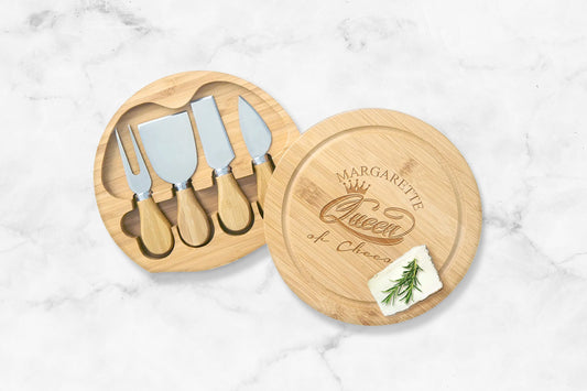 Queen of Cheese Engraved Personalized Wooden Cheese Board Set