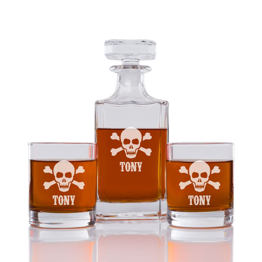 Skull  Personalized Engraved Whiskey Decanter Set - 3 pcs