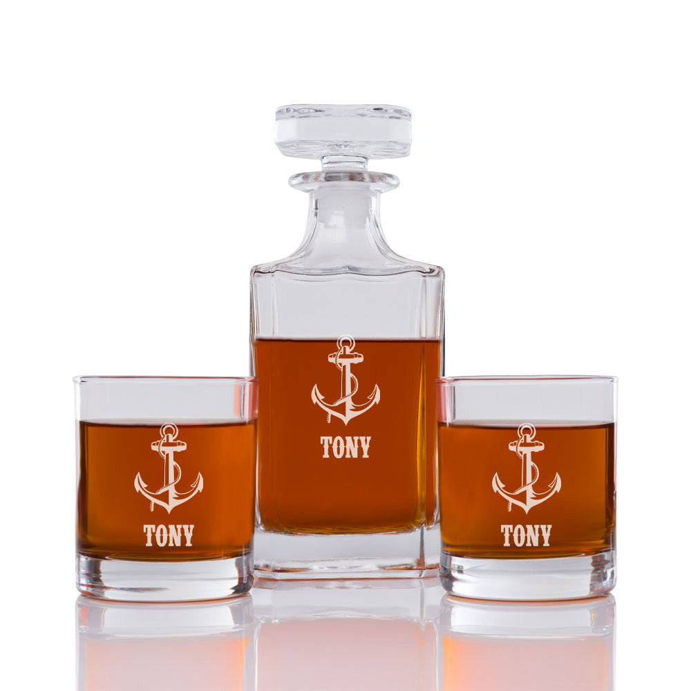 Anchor Personalized Engraved Whiskey Decanter Set - 3 pcs