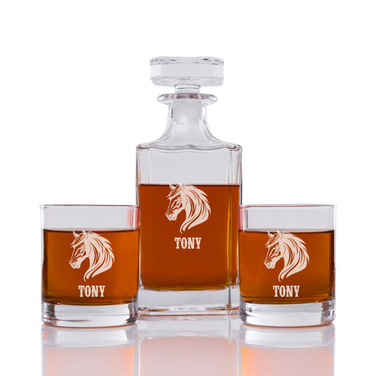 Horse Personalized Engraved Whiskey Decanter Set - 3 pcs