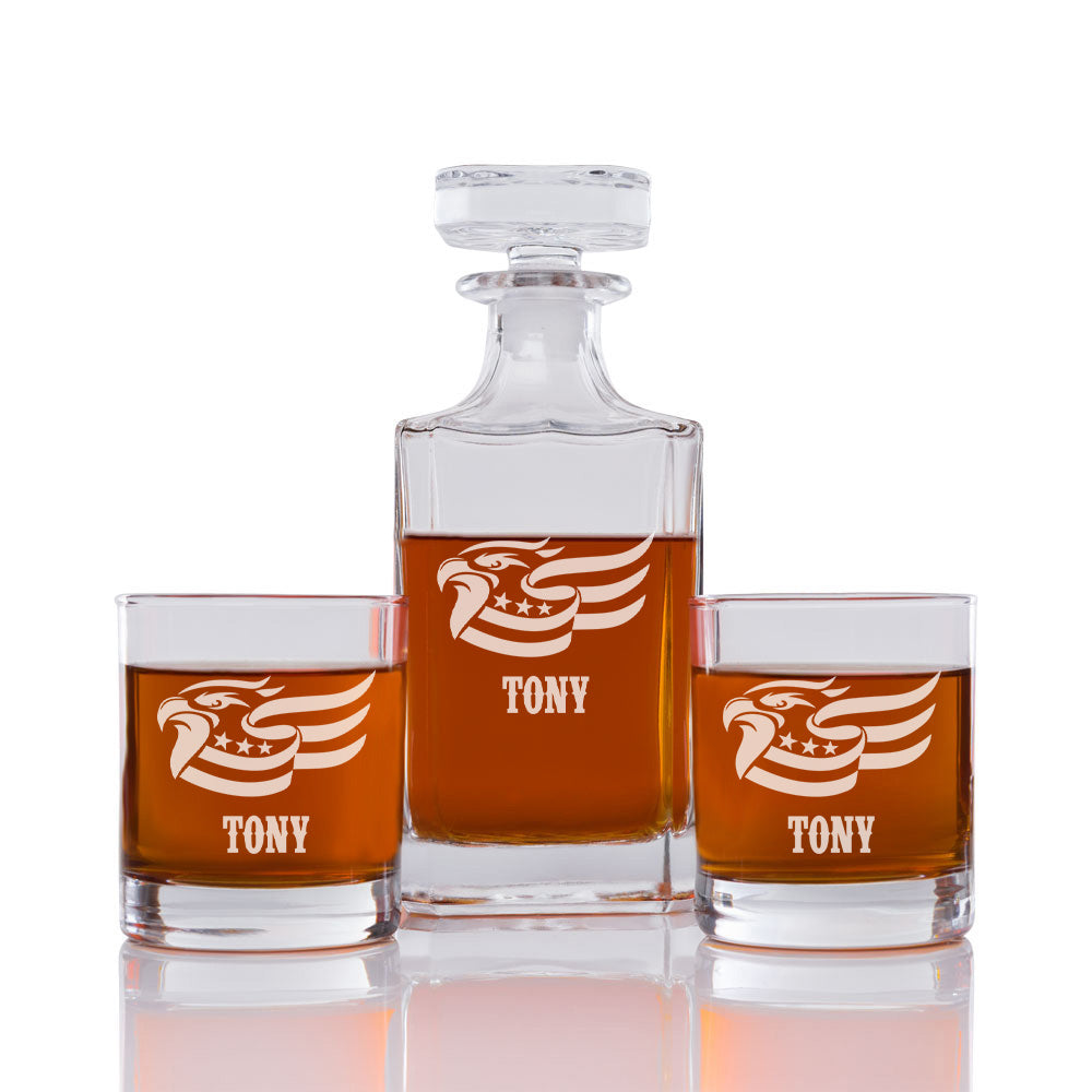 Eagle Flag Personalized Engraved Whiskey Decanter Set - 3 pcs