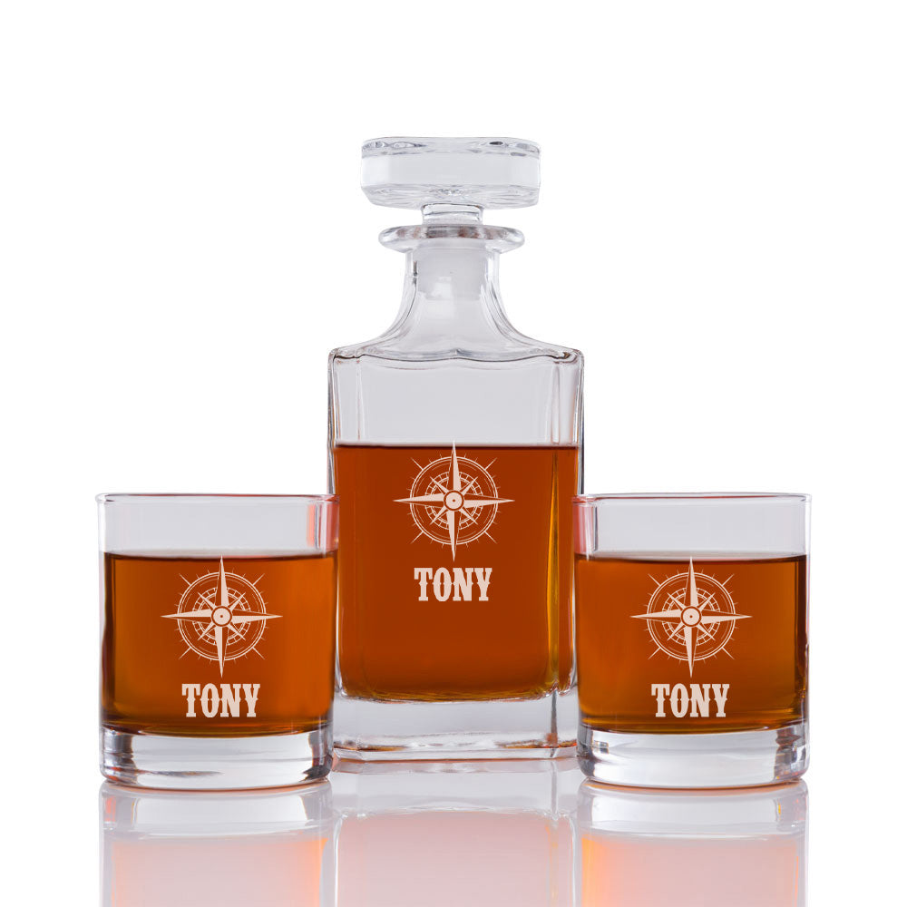 Compass Personalized Engraved Whiskey Decanter Set - 3 pcs