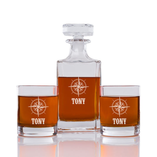 Compass Personalized Engraved Whiskey Decanter Set - 3 pcs