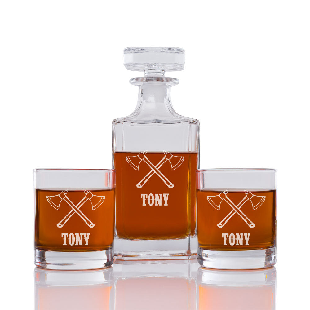 Axes Personalized Engraved Whiskey Decanter Set - 3 pcs