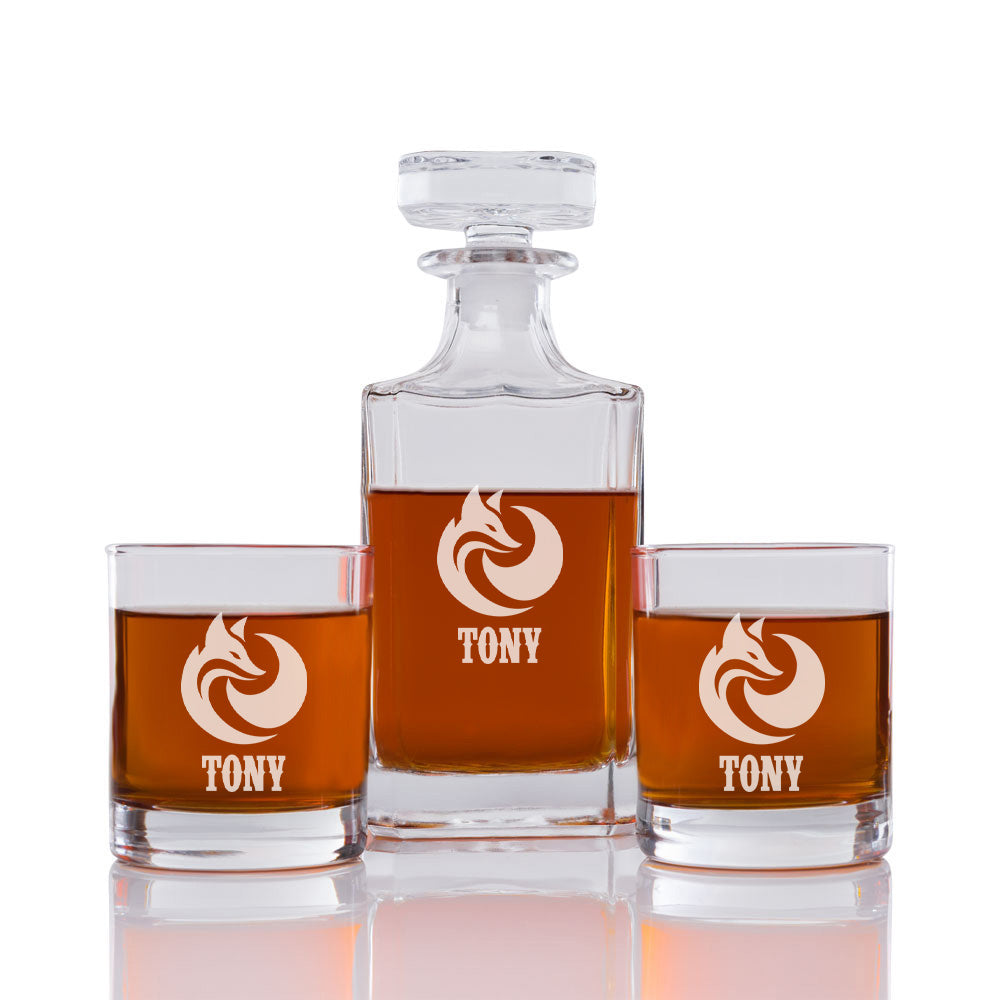 Fox Personalized Engraved Whiskey Decanter Set - 3 pcs