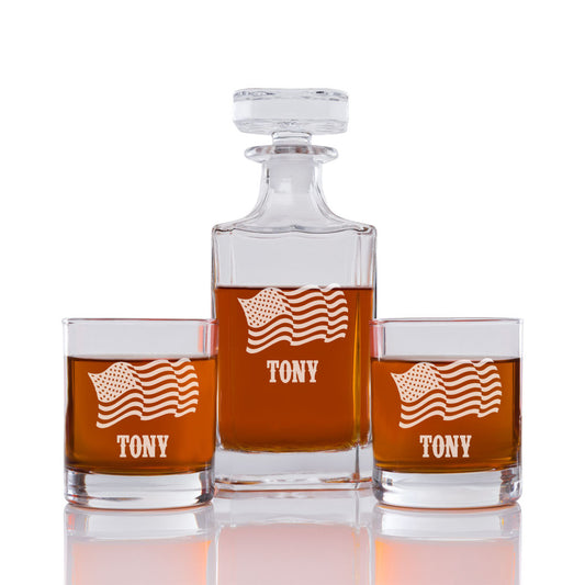 American Flag Personalized Engraved Whiskey Decanter Set - 3 pcs