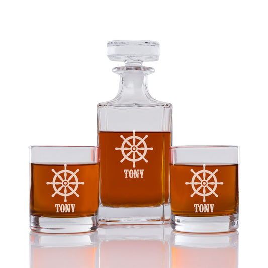 Wheel Personalized Engraved Whiskey Decanter Set - 3 pcs