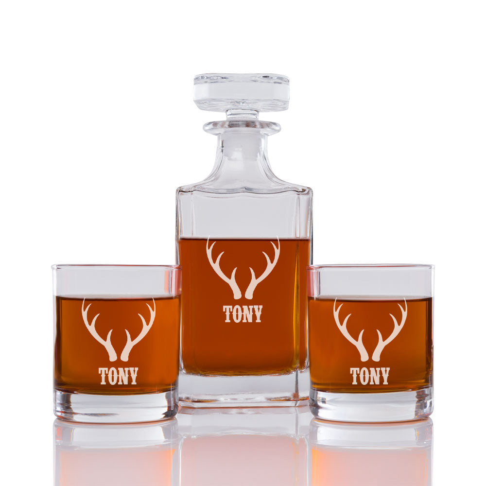 Deer Antlers Personalized Engraved Whiskey Decanter Set - 3 pcs