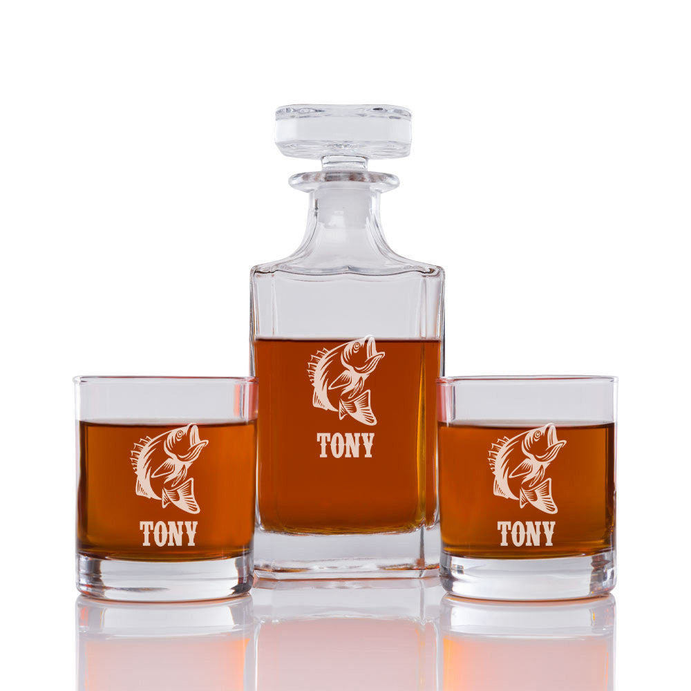 Fish Personalized Engraved Whiskey Decanter Set - 3 pcs