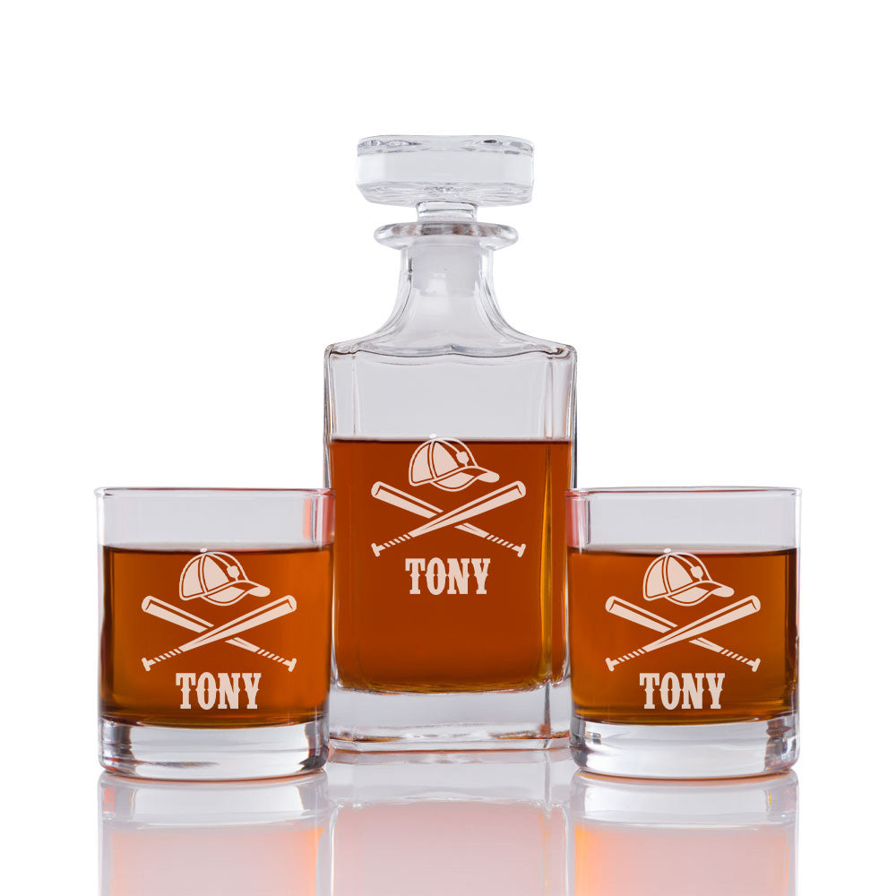 Baseball Personalized Engraved Whiskey Decanter Set - 3 pcs