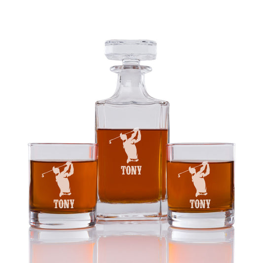 Golfer Personalized Engraved Whiskey Decanter Set - 3 pcs