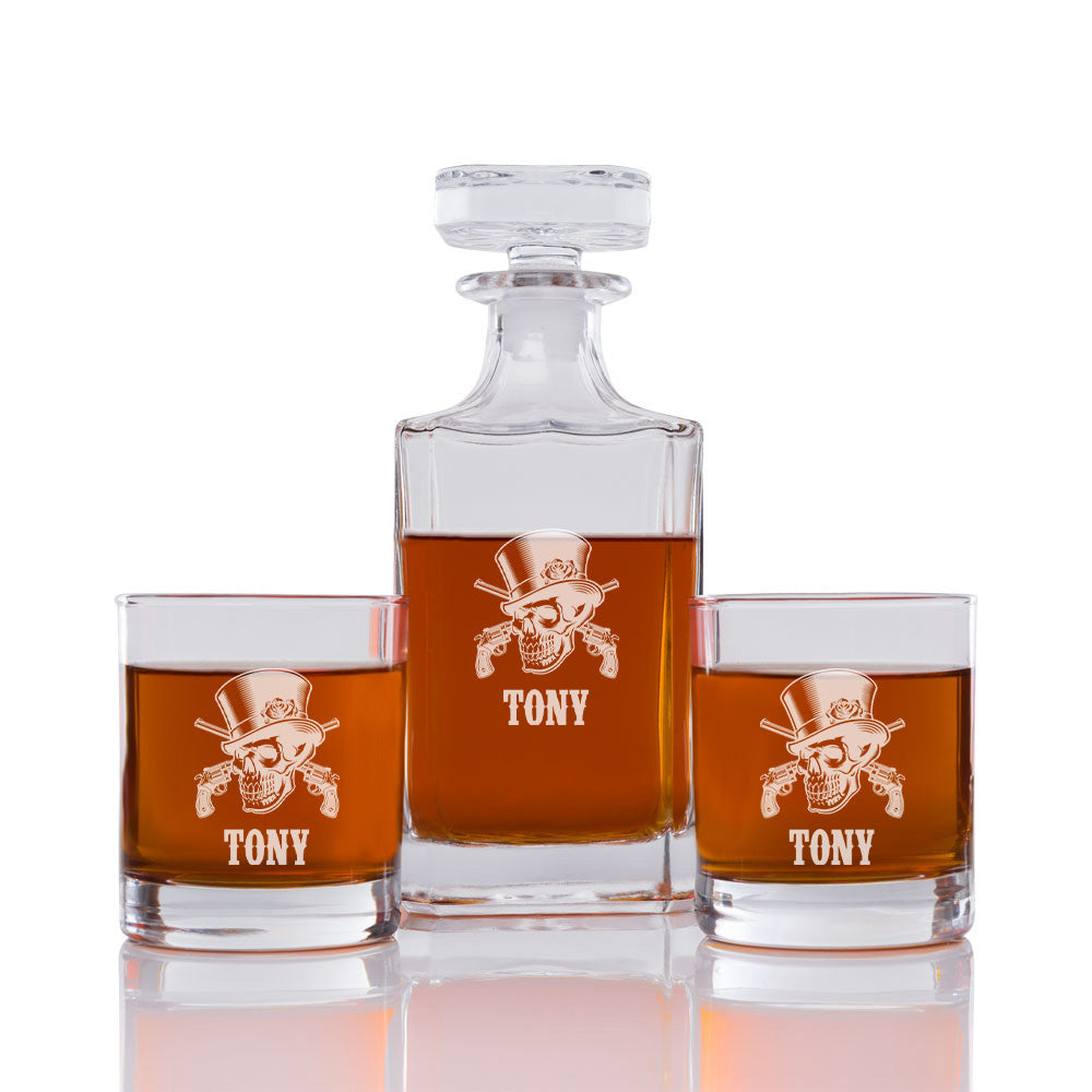 Crown Skull Personalized Engraved Whiskey Decanter Set - 3 pcs