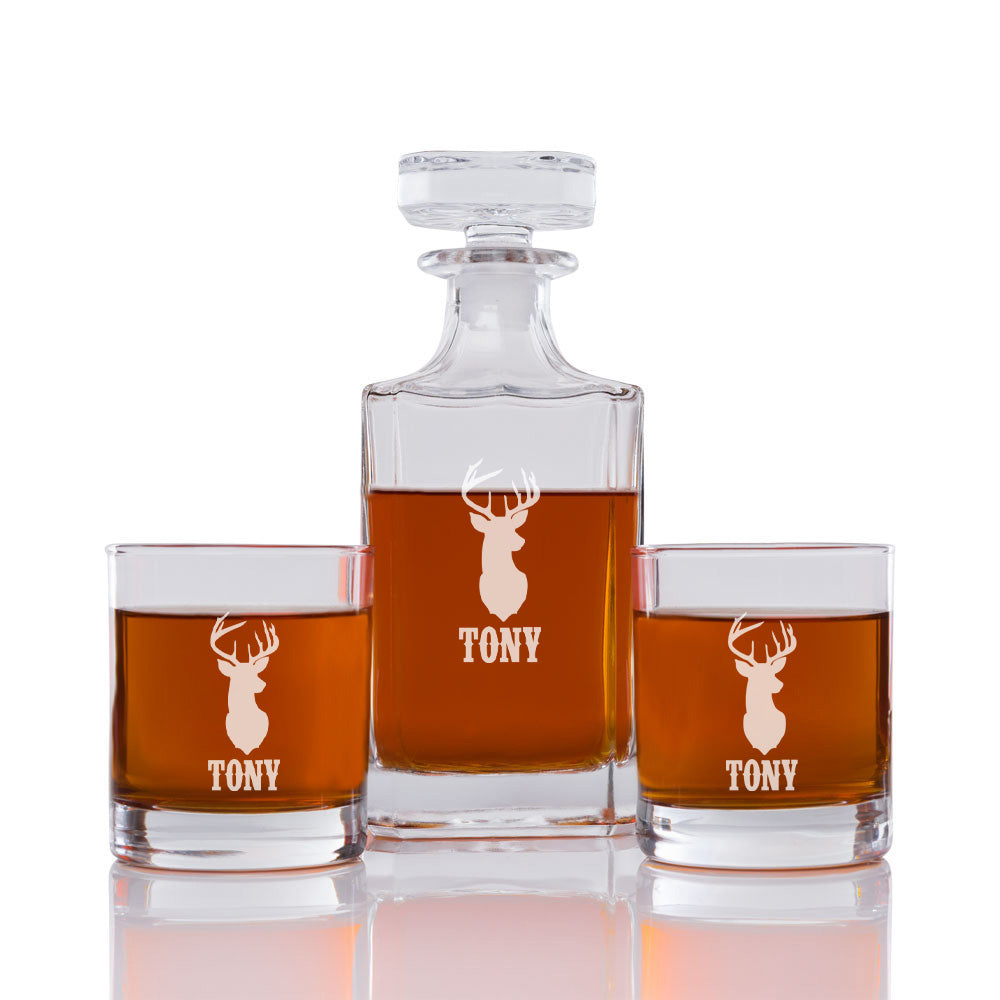 Antler Personalized Engraved Whiskey Decanter Set - 3 pcs