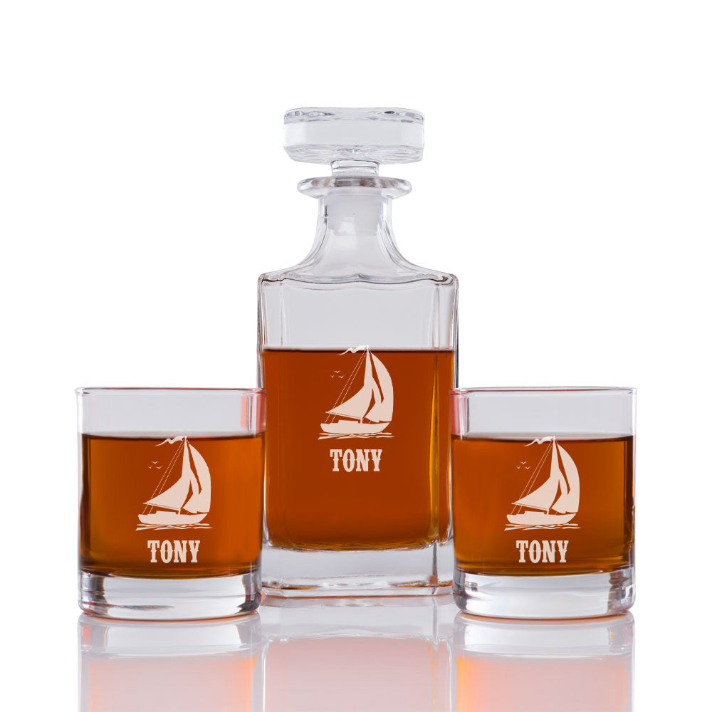 Sailboat Personalized Engraved Whiskey Decanter Set - 3 pcs