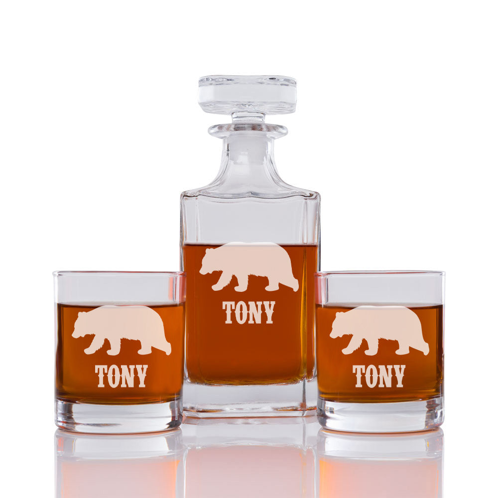 Bear Personalized Engraved Whiskey Decanter Set - 3 pcs