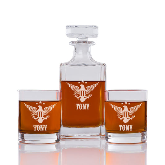 American Eagle Personalized Engraved Whiskey Decanter Set - 3 pcs