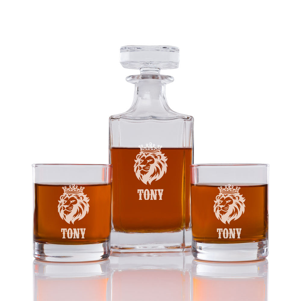 Lion Personalized Engraved Whiskey Decanter Set - 3 pcs